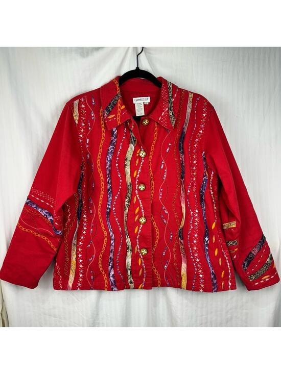 Coldwater Creek Jackets & Blazers - Coldwater Creek Vintage Red Textured Blazer Women Petite Large Embellished Boho